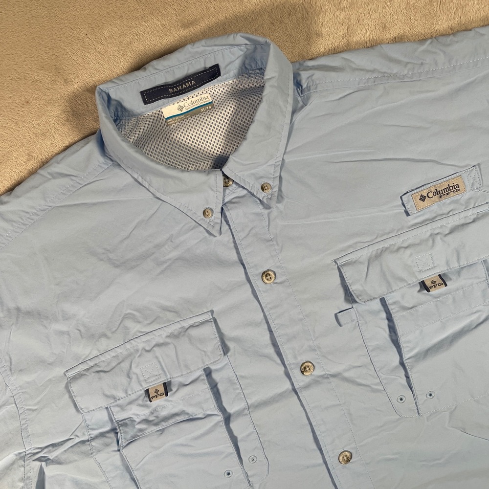 Columbia PFG Bahama II Fishing Shirt Mens XL Light Blue Short Sleeve UPF 30